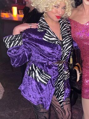 Mac daddy 70s pimp suit shirt Purple Velvet Jacket with animal print Zebra Trim